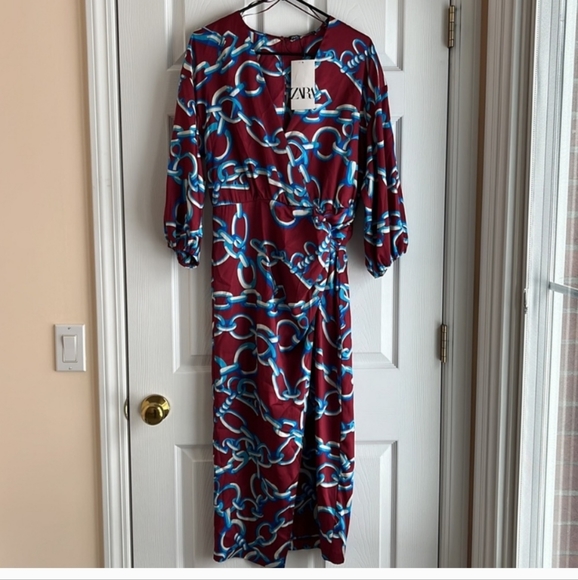 ZARA MULTICOLOURED CHAIN PRINT MIDI DRESS WITH KNOT DETAIL - Picture 9 of 11
